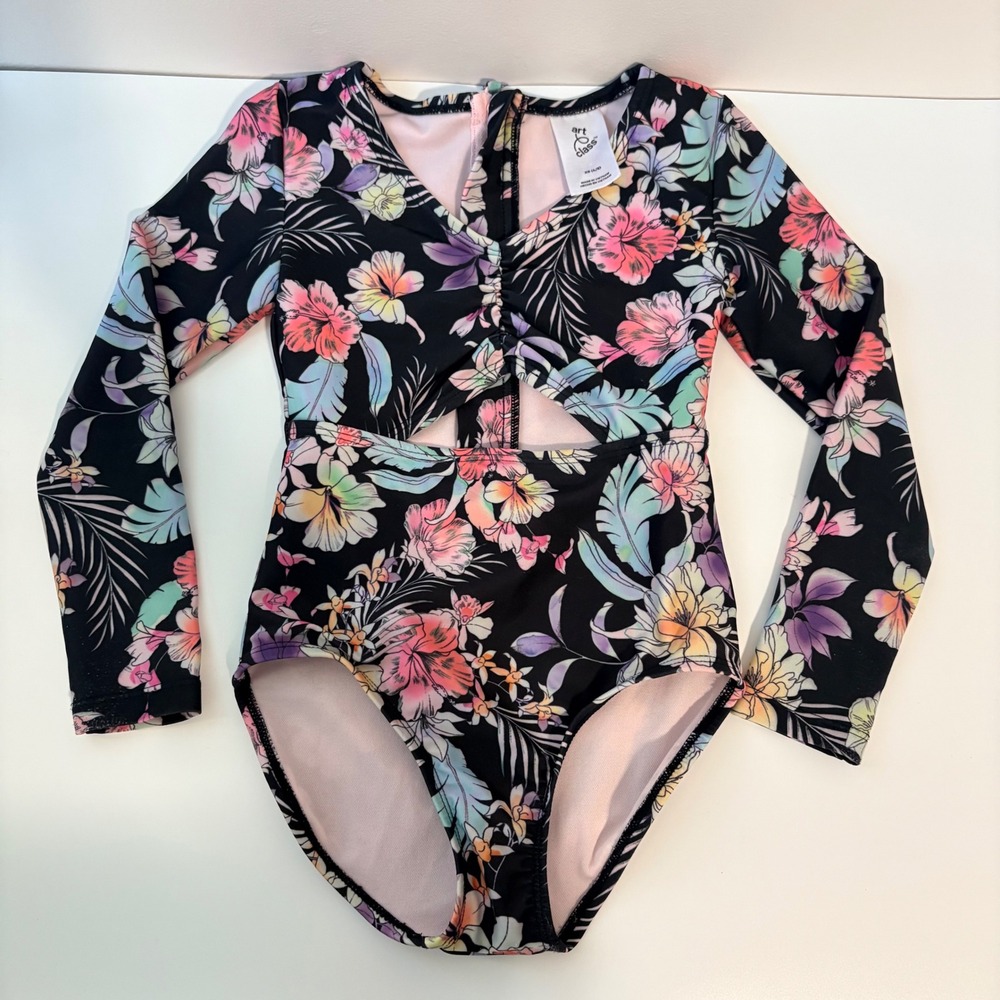 Art Class Swimsuit One Piece Floral Cutout Girls Size XS 4/5 Black Long Sleeved